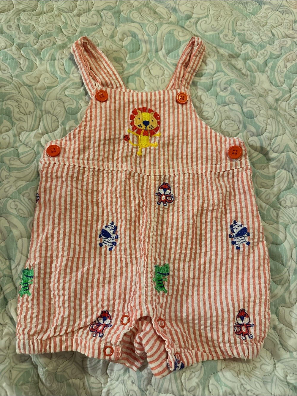 Vintage Nursery Rhyme Orange & White Striped Overalls with Animal Embroidery